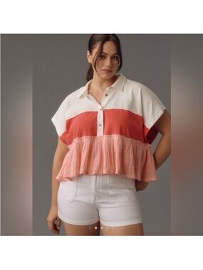Anthropologie Pilcro Bonfire Ruffle Rugby Gauze Cotton Short Sleeve Top Sz L